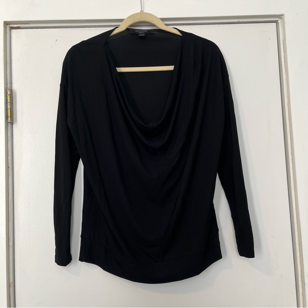 All Saints Cowl Neck drapey long sleeve Black Top size medium blouse office